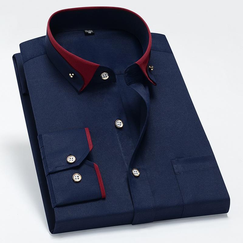 Men's Color-Block Collar Long Sleeve Dress Shirt with Crystal Buttons, Lapel Collar, Fashionable Business Casual Cardigan, Wrinkle-Free Stretch Shirt
