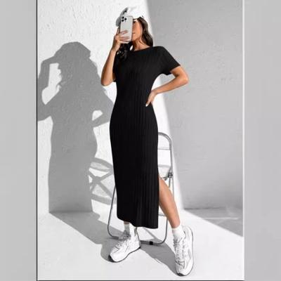 Summer Crew Neck Short Sleeve Rowan Pit Strip Dress with Side Slit