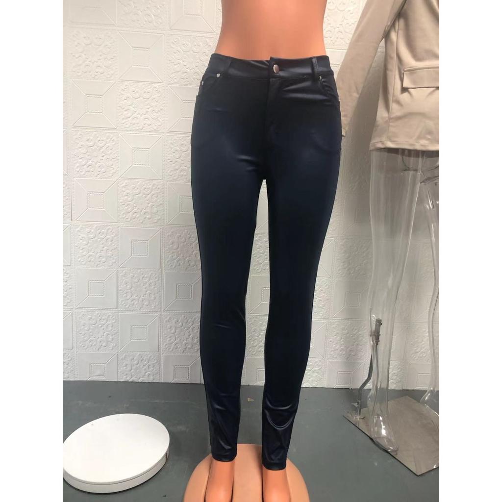 Pantaloni Skinny Donna Vita Alta Colore Unico Ecopelle Pantaloni Moda Casual