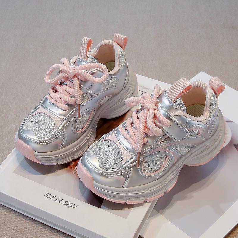 

Кроссовки для девочек Шнуровка Блестки Студенческие Беговые туфли Липучка 2025 Новые Детские Спортивные туфли Принцесса Стиль Ins Трендовые Нескользящие Мягкие 26 розовый