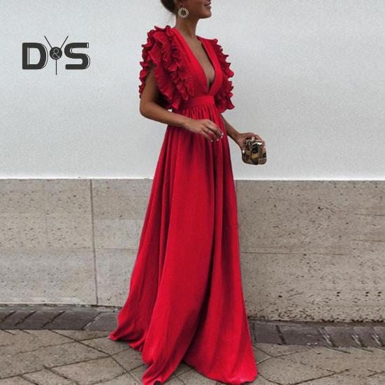 Dámské večerní šaty Nízký střih s výstřihem do V s létajícími rukávy Vrstvený nařasený plisovaný vysoký pas Jednobarevné Jednobarevné Šaty na podlahu Prom Cocktail Party Maxi šaty