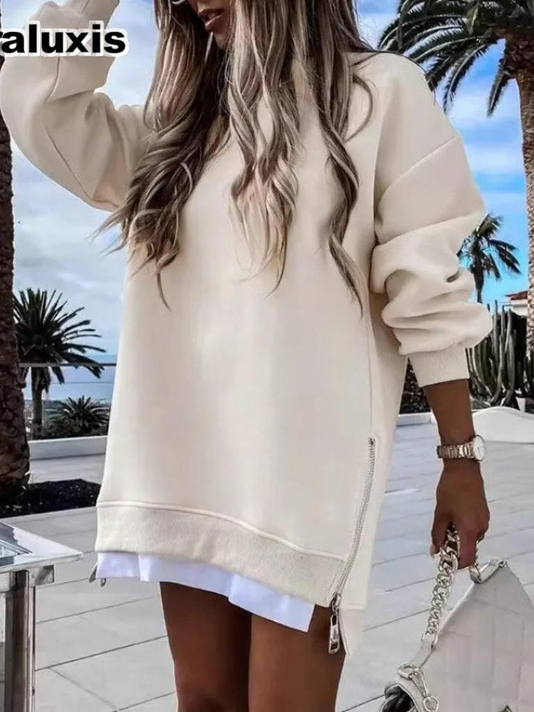 Autumn Fashion Patchwork Side Zipper Design Set Sweatshirt for Women