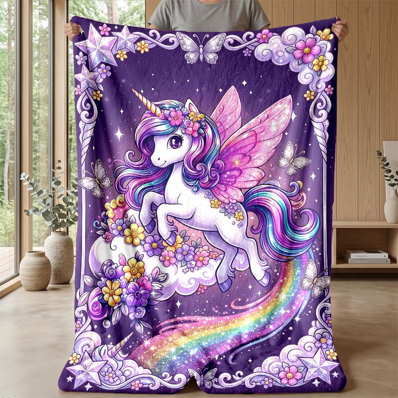 Fantasy Unicorn Rainbow Theme Blanket Lightweight Warm Flannel Blanket Decorative Throw Blanket for Home Decoration