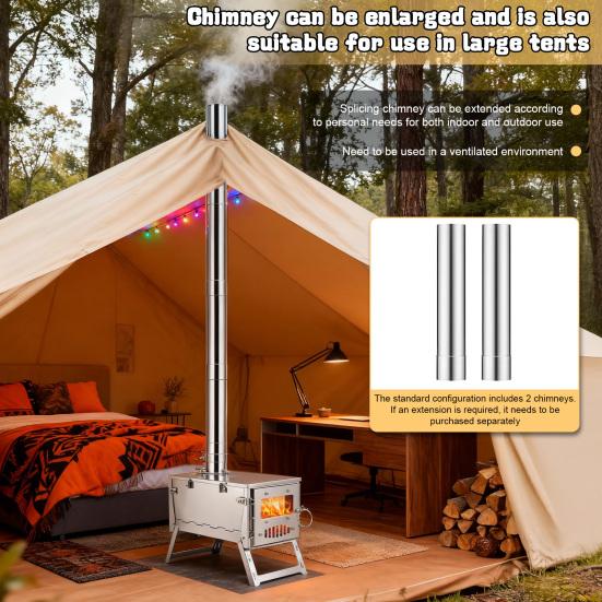 Foldable Camping Stove, Stainless Steel Portable Wood Burning Stove, Tent Stove with Visible Window, Adjustable Vent & Multiple-Section Pipe for