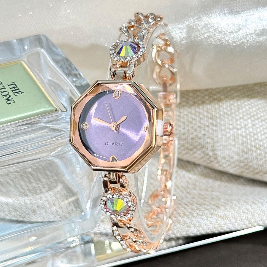 New Retro Women Watches Light Luxury Brand Octagonal Diamond Studded Dial Rainbow Bracelet Quartz Wristwatch Female Clock