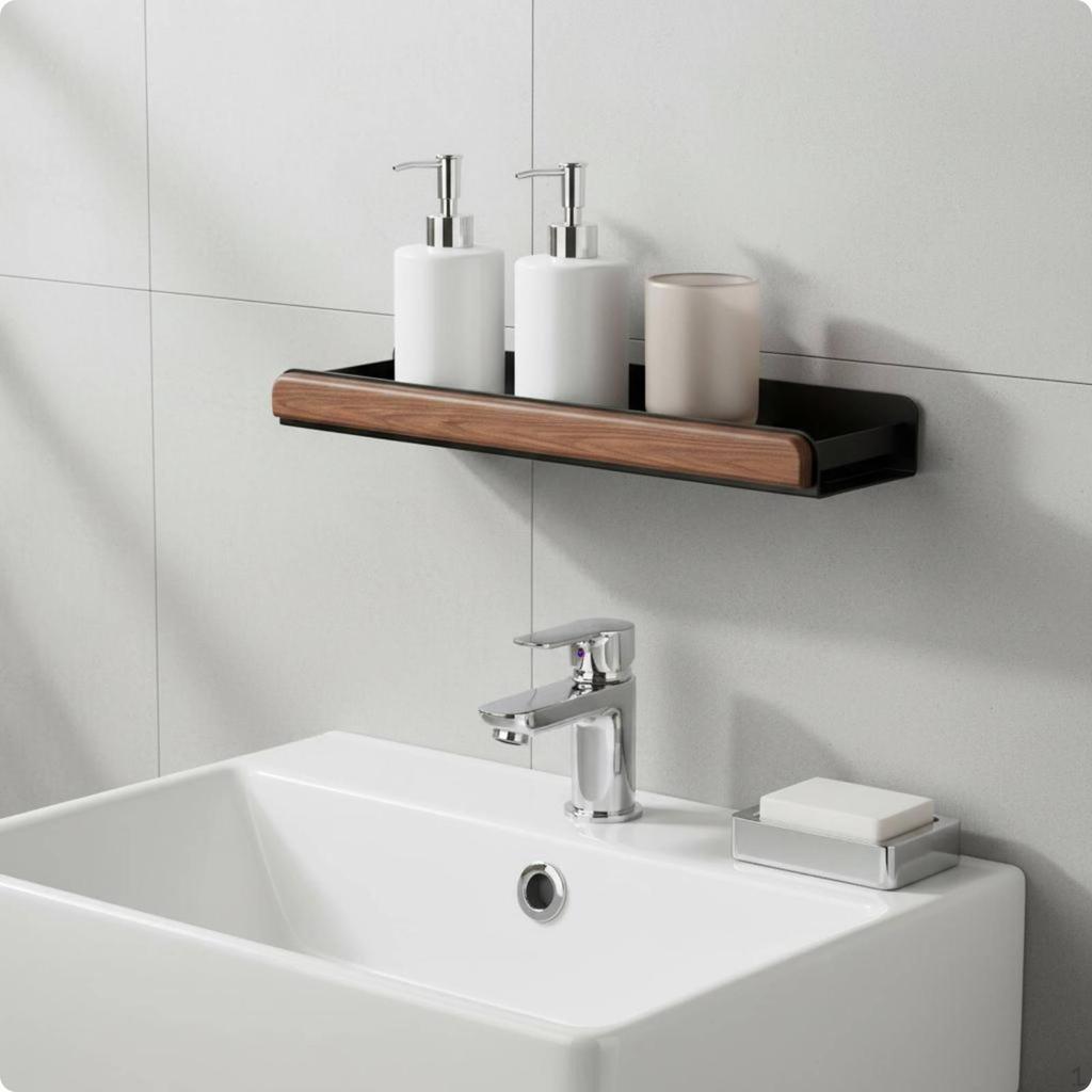 Washroom Shelf with Towel Rail WoodGrain WallAttached Home Fixture 30CM Black Walnut
