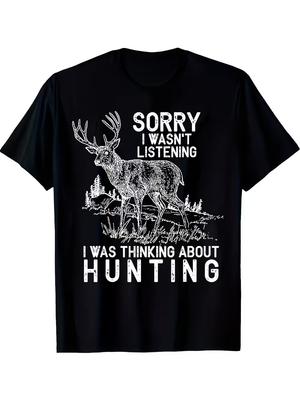 Funny Deer Hunting T-Shirt - Deer Hunter Print Short Sleeve Casual Tee with Deer & Hunter Design