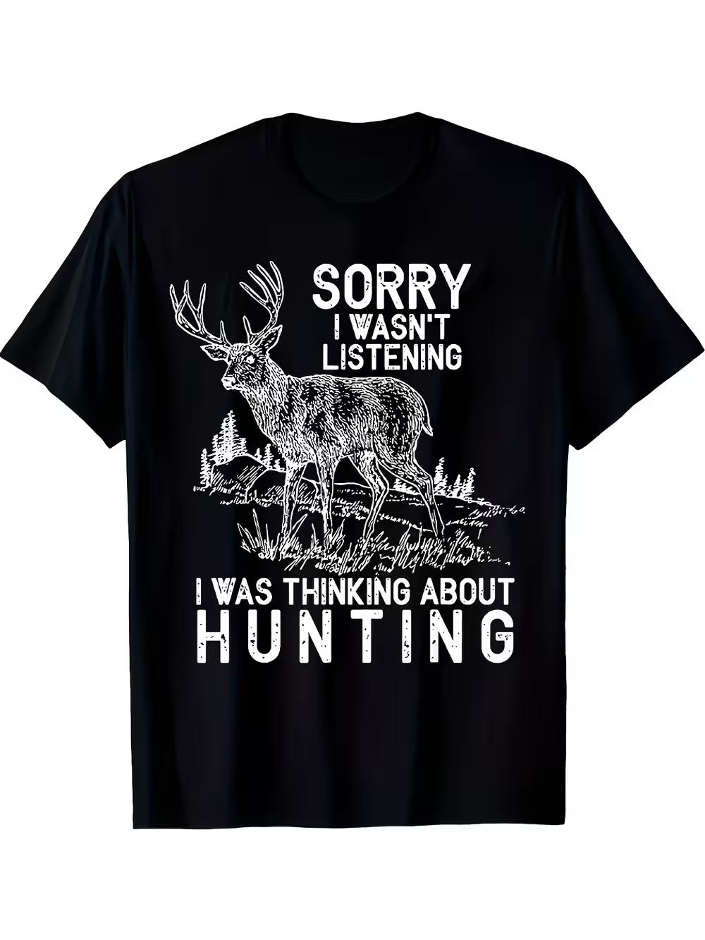 Funny Deer Hunting T-Shirt - Deer Hunter Print Short Sleeve Casual Tee with Deer & Hunter Design XL