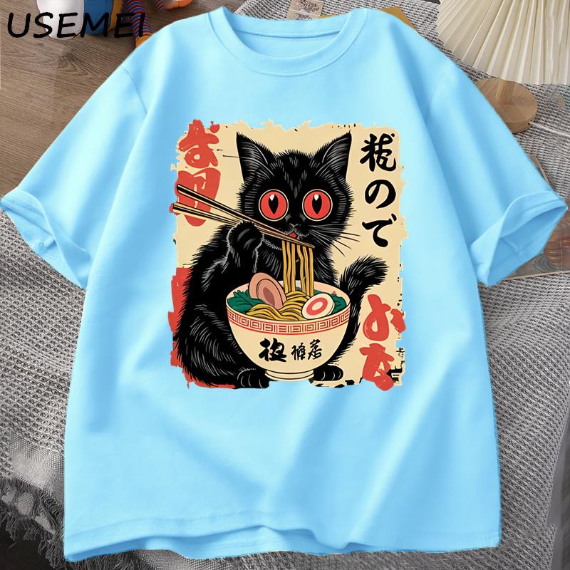 Vintage Japanese Black Cat RaUnisex T Shirts Cute Graphic Tee Funny Cat Eating RaUnisex TShirt Printing Cotton Short Sleeve Vintage