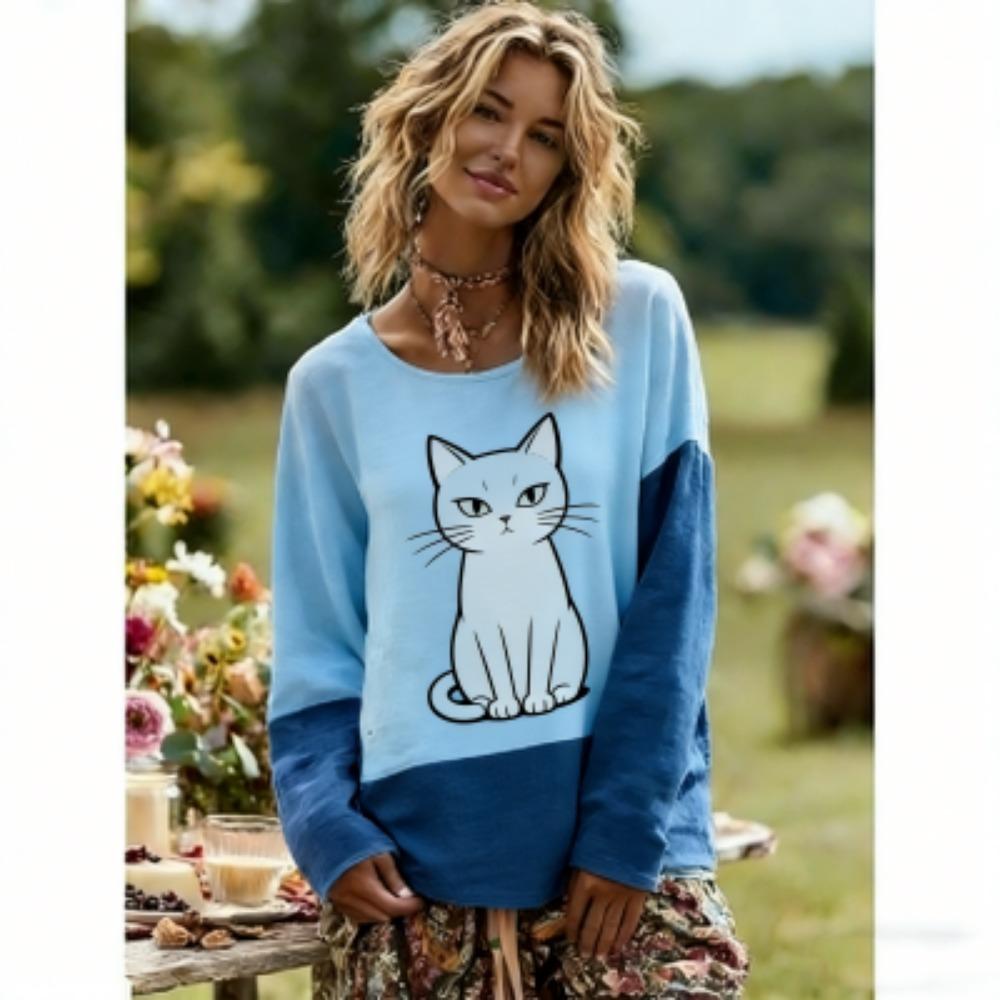 Frühling Europa Amerika Tier Katze und Hund Druck Damen T-Shirts Tops Mode Straße Damen Langarm Kleidung Outdoor Freizeit T-Shirt Pullover
