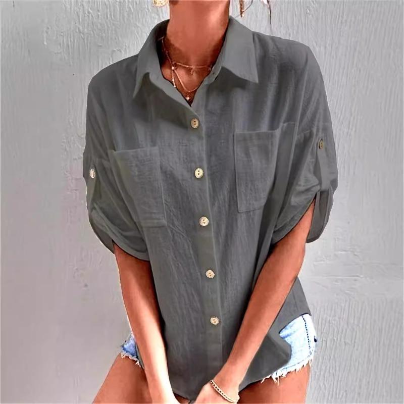 Women's Summer Shirt Short-sleeved Pocket Lapel Mid-length Cotton and Linen Shirt