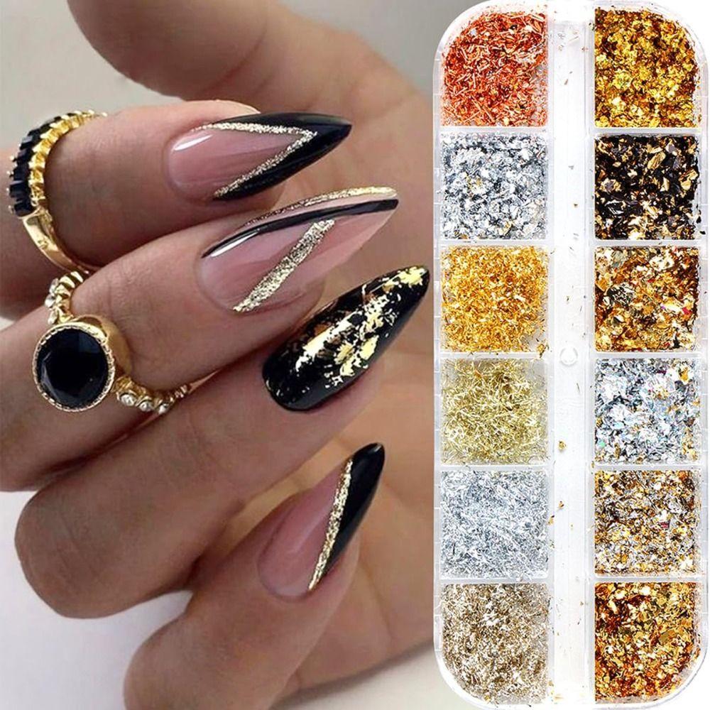 Holographic Nail Glitters Sequins 12 Grids Nail Art Flakes Nail Glitter Gold Foils  DIY Manicure
