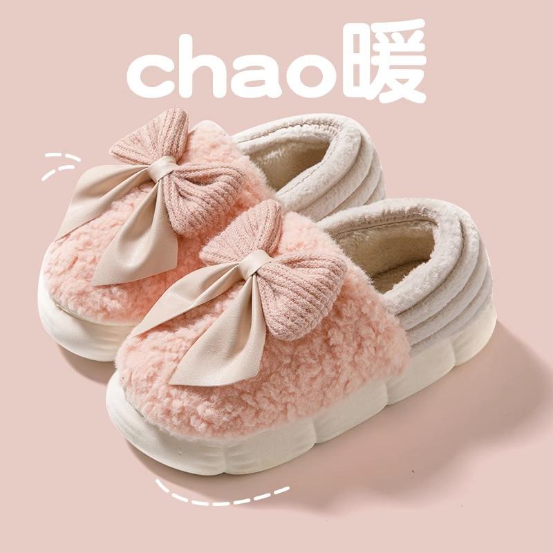 Fashion Woman Retro Fashion Bow Cotton Slippers Female Autumn Winter Indoor Home Slippers 2025 Warm Soft Plush Girls Cotton Footwear
