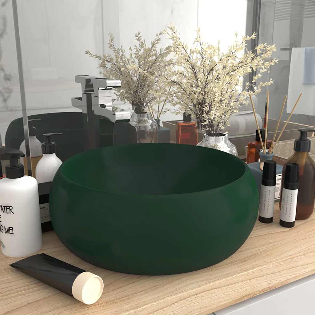 Luxury Round Washbasin Matte Dark Green 40 X 15 Cm Ceramic