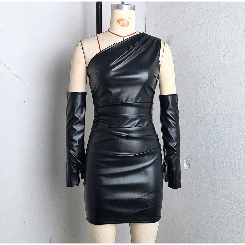 

Fashion One Shoulder Gloves Short Leather Dress Slim Pleated Sleeveless Hip Package Female Dresses 2026 Summer Lady Sexy Dress S чорний