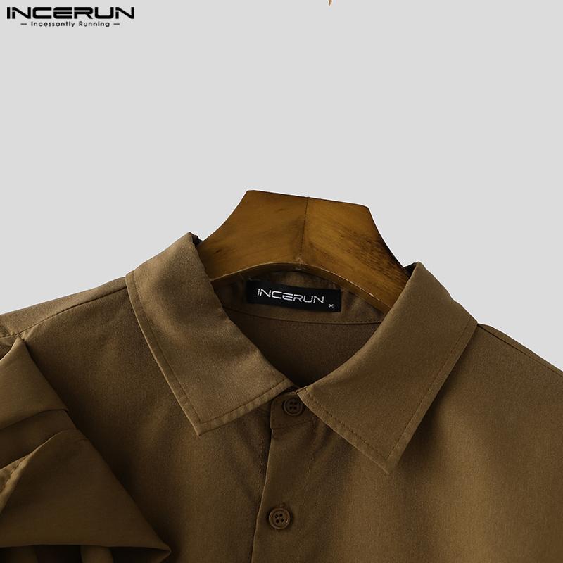 INCERUN Men Irregular Ruffled Shirts Front Cross Hollow Long Sleeve Tops