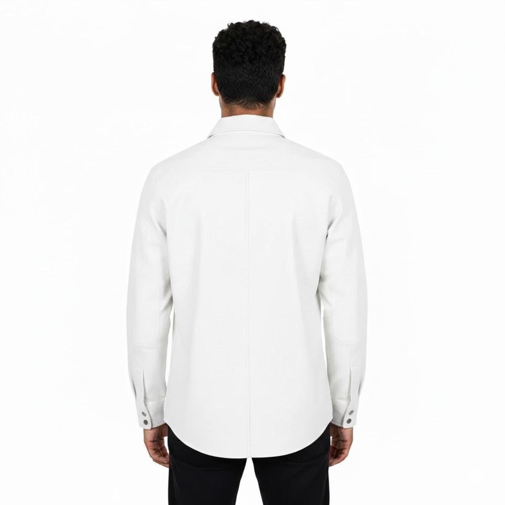 Casual Biker Motorcycle White Leather Men's Shirt Real Lambskin Handmade Stylish