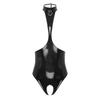 Damen Patentleder Offene Brust Neckholder Body Rückenloses Schrittloser Catsuit Ärmelloses Dessous