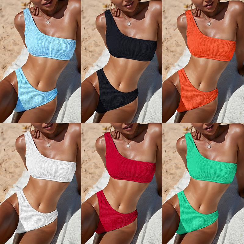 Women wimsuit solid color snake boy cloth single shoulder high waist bikini sexy swimsuit