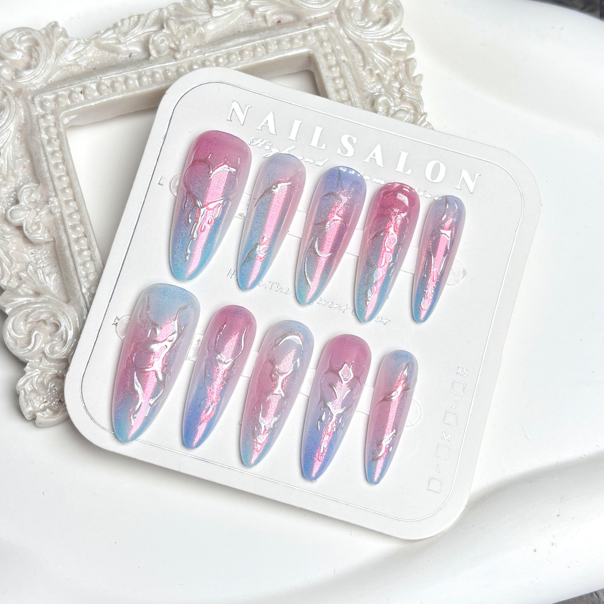 

Dreamy Gradient Gilded Blush Long Press-On Nails: Futuristic Iridescent Aurora Pink Color Block Nail Art.