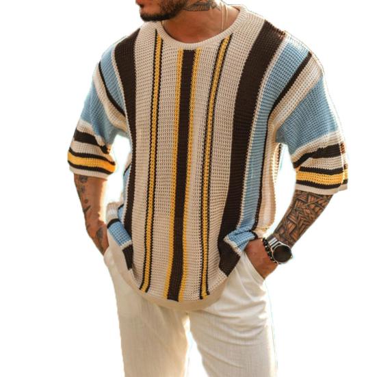 Suéter para Hombre Estampado a Rayas Cuello Redondo Tejido Media Manga Color a Juego Jersey Suelto Elástico Antiencogimiento Hombres Verano Otoño Primavera Suéter