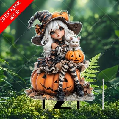 2D Flat Witch and Cat Acrylic Outdoor Decoration, Garden, Lawn, Potted Plants and Landscape Art, Halloween Theme, Suitable for 11 Festivals