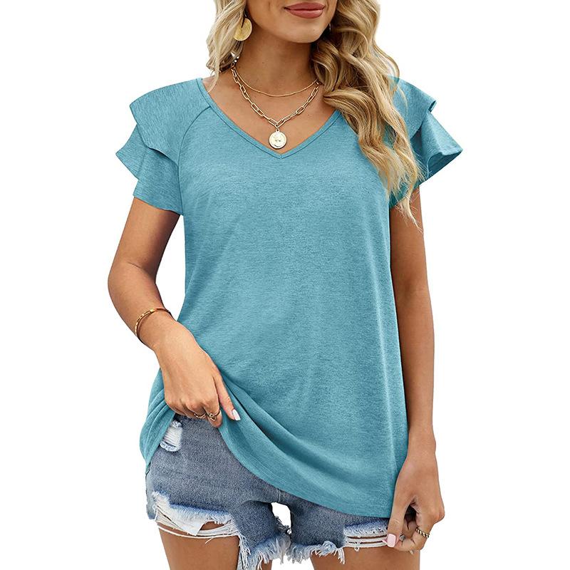 T-shirt da donna estiva tinta unita con scollo a V a doppio strato T-shirt ampia con maniche arricciate