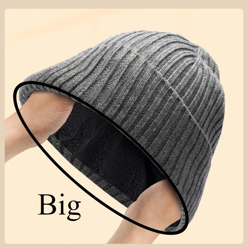 60-65Cm  Big Head Wool Blended Knitted Hats Men Winter Keep Warm Thickened Toand Beanies Large Size Cold Skullies Ski Golf Cap