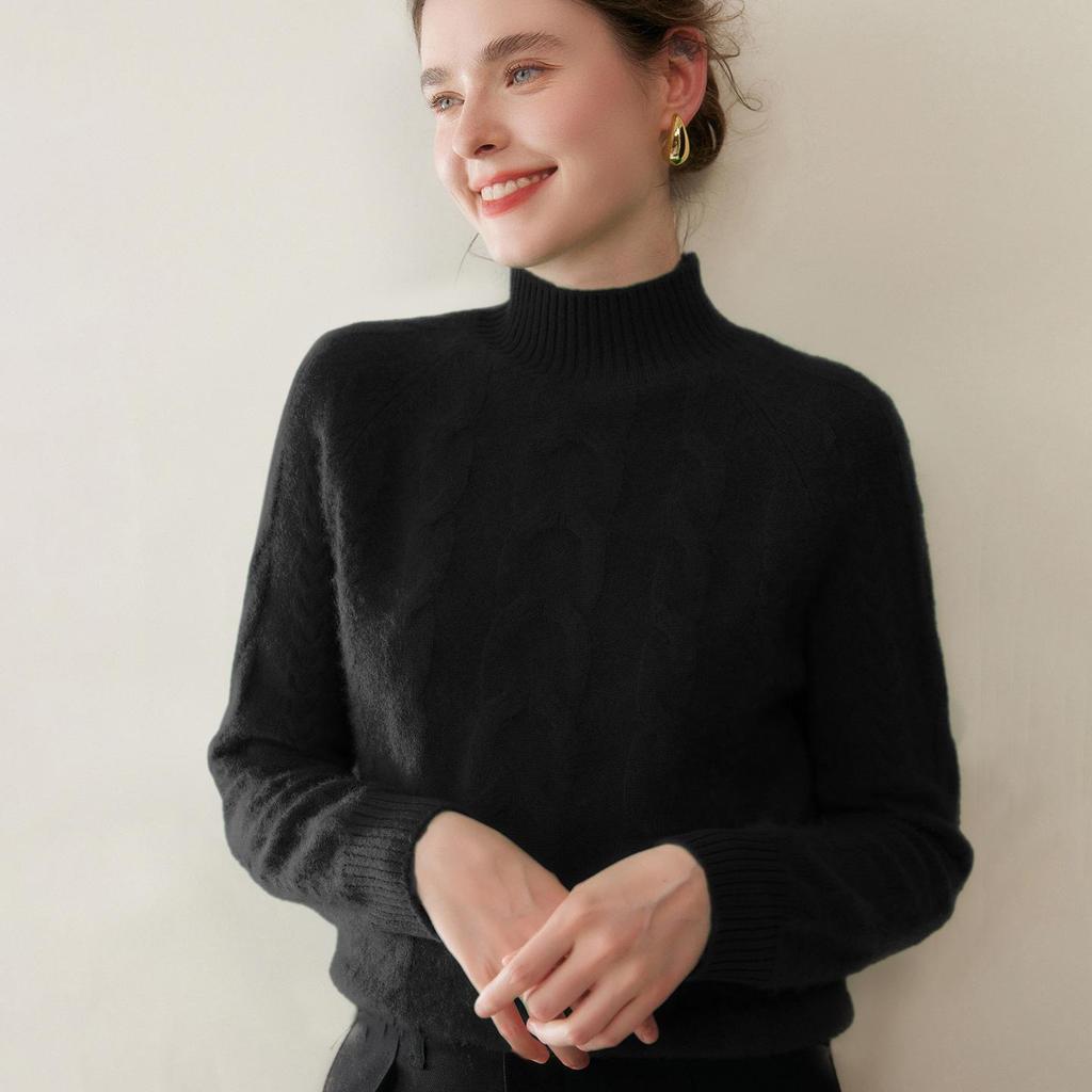 Women's Winter Cashmere Sweater: Double-Ply, Thickened, Solid Color, Half-High Collar, Loose Long Sleeve Knit.
