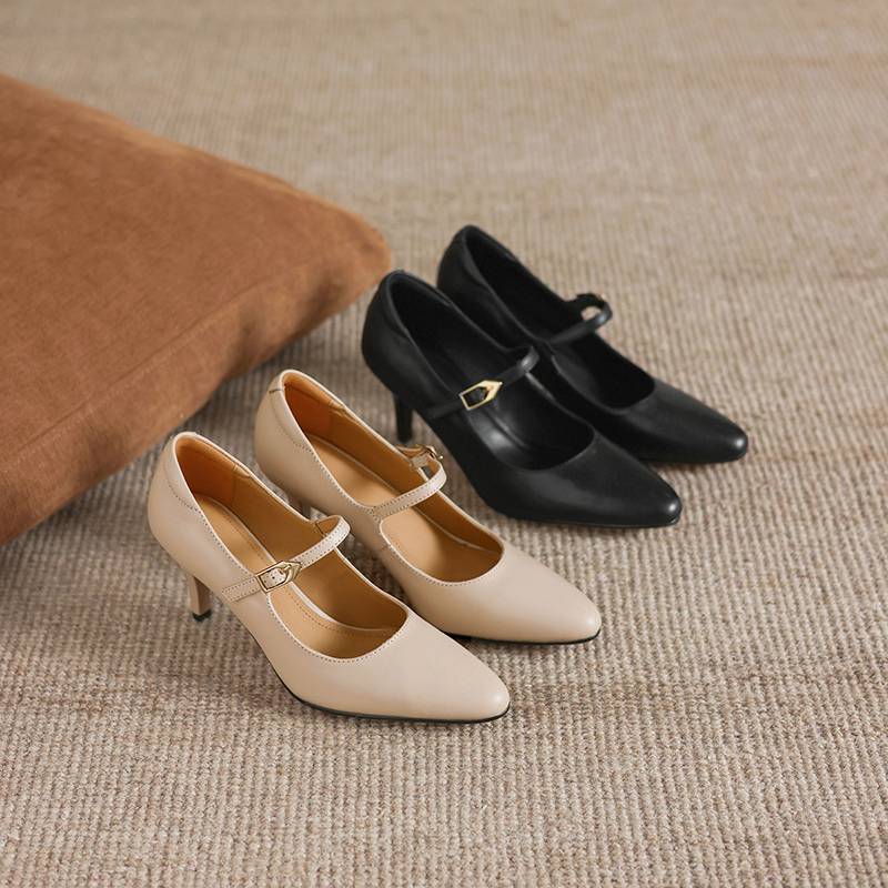 Krazing Pot Cow Skin Round Toe Stiletto High Heels Summer Shoes Big Size 42 Beauty Lady Metal Buckle Women Shallow Pumps