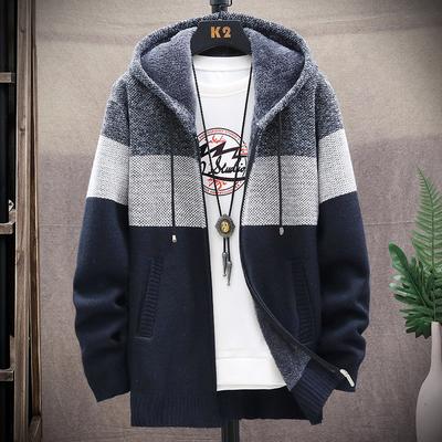 Men's Fall and Winter Hooded Sweater Patchwork Knitted Jacket Windproof Warm Knitted Jacket