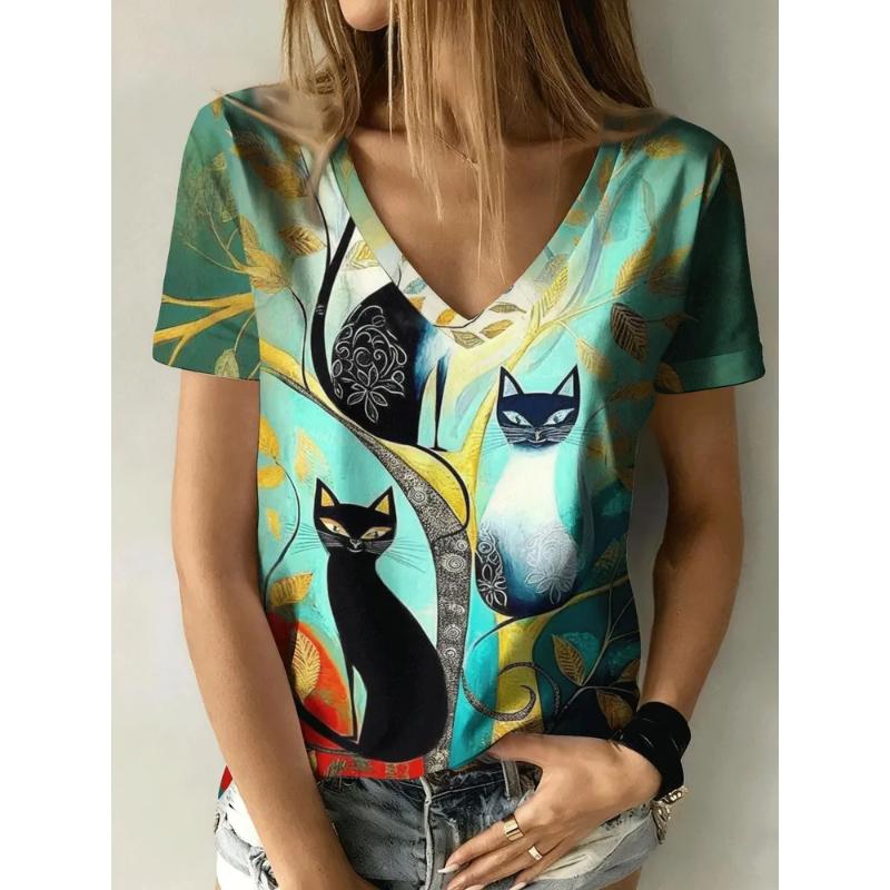 Fashion Women's V-Neck Short Sleeve 3D Casual Color Printing Casual Short Sleeve V-Neck T-Shirt