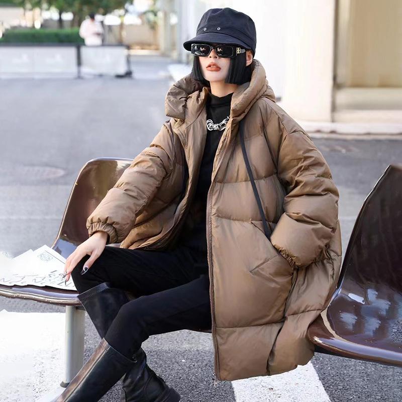 

Осенне-зимняя женская пуховая куртка свободного покроя, свободного покроя, толстая теплая верхняя одежда с капюшоном, длинное пуховое пальто One Size хаки
