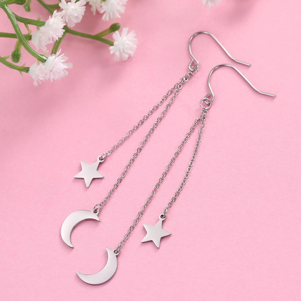 Star Moon Pendant Tassel Hanging Earrings Stainless Steel Pendant Girl Earhooks Fashion Elegant Jewelry Birthday Gift
