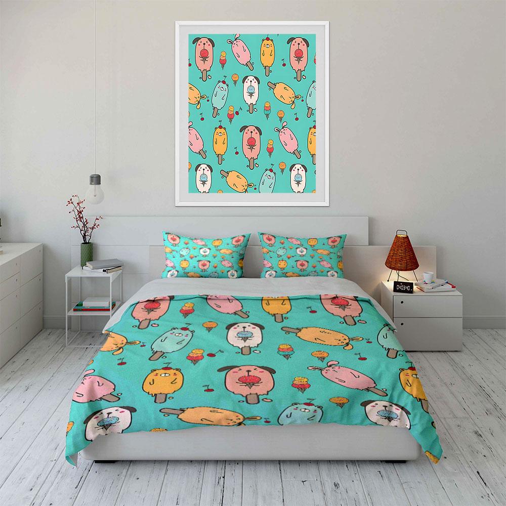 Cartoon Ice Cream Animals Pattern Bedding Duvet Cover Set (1*Duvet Cover 2*Pillowcases, Without Duvet Insert)