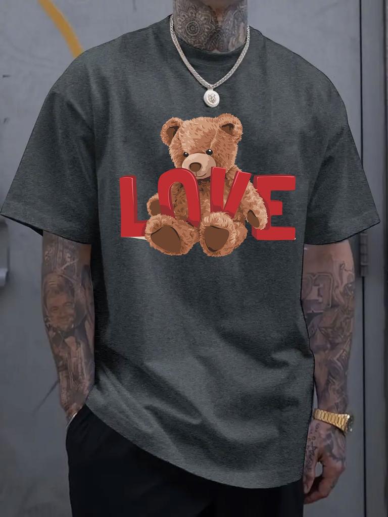 Love Bear Graphic Print Men's Luxury Cotton Short Sleeved T-shirt Summer Unisex Men's and Women's Street Fashion Clothing