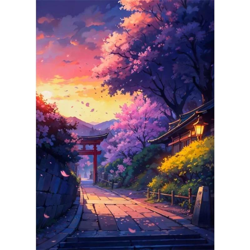 Japanese Street Scenery Cherry Blossom Architecture Canvas Poster Flowers Plants Landscape Wall Art Prints for Modern Home Decor