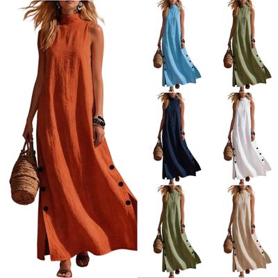Modisches Damen-Strandurlaub-Freizeitkleid Farbe Baumwolle Leinen Ärmellos Seitenschlitz Mittellang