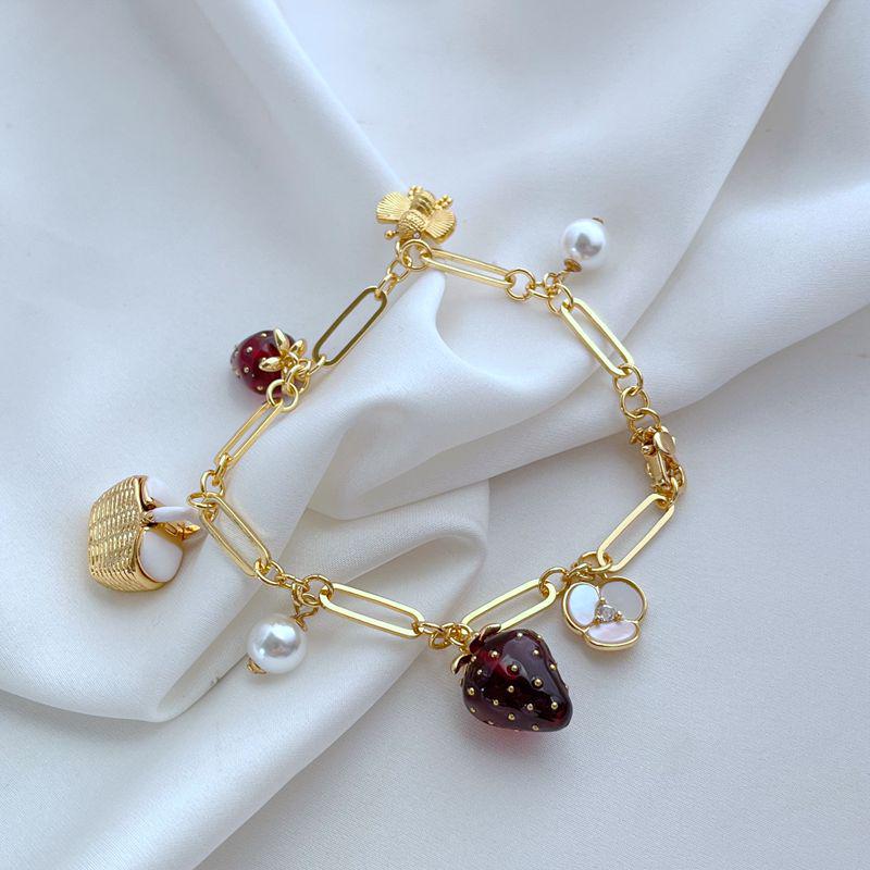 Niche Mori-Style Floral Strawberry Pearl Bee Metal Bracelet