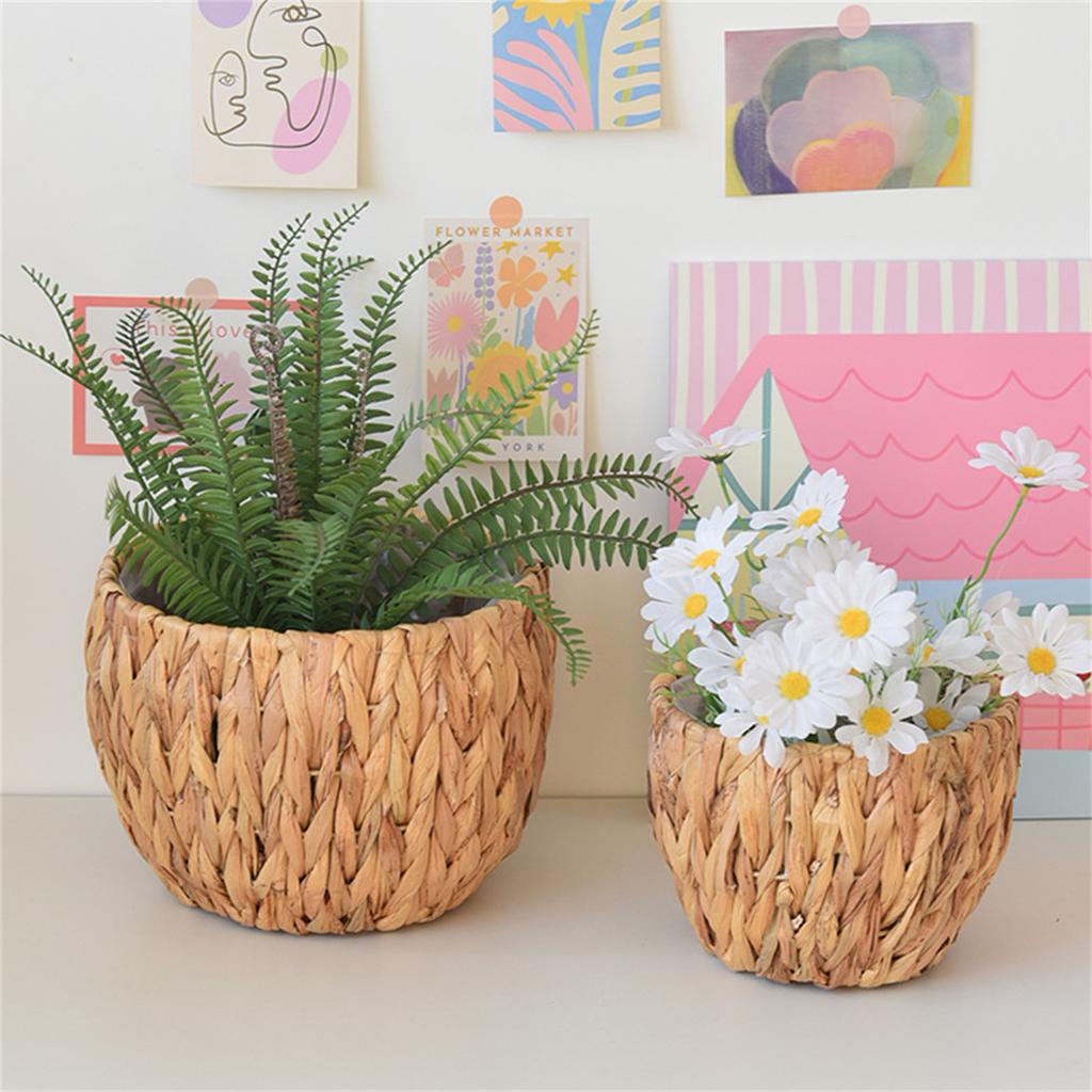 Gourd Grass Plant Stand Flower Pots Holder with Plastic Lining Natural Woven Planter Basket Rack for Home or Office Use