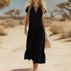 Women Casual Button V Neck Short Sleeve Maxi Dress with Ruffle Hem Relaxed Fit Lightweight Summer Dress