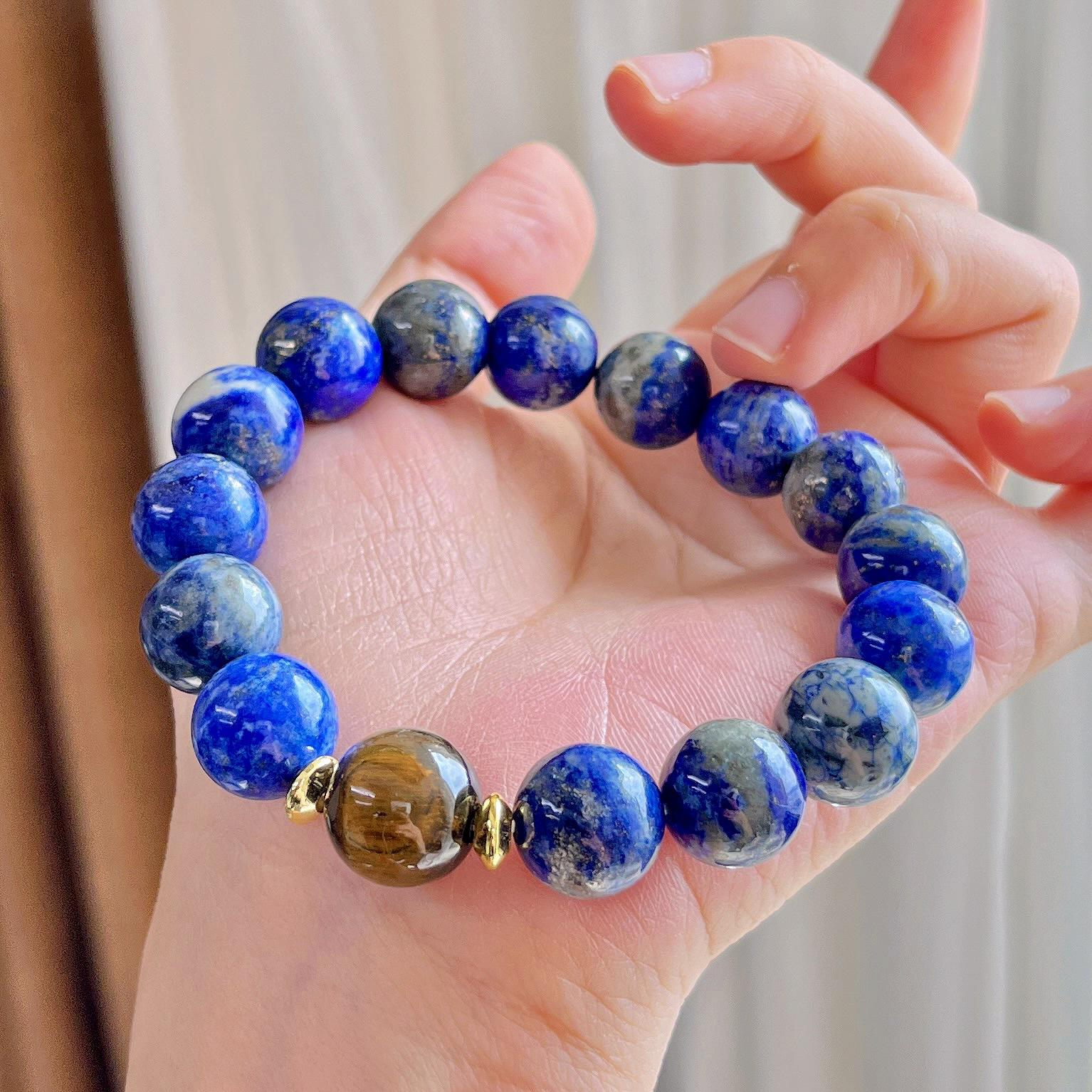 12Mm Large Particle Natural Tiger S Eye Stone Lapis Lazuli Design Bracelet Bracelet.
