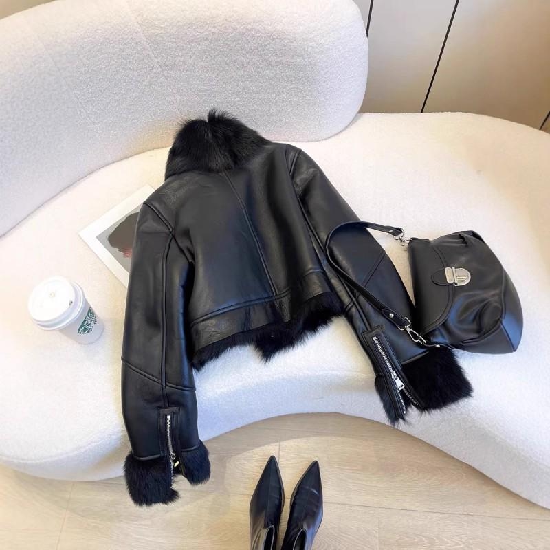 Womens Black Faux Leather Biker Jacket Short Thick Winter Coat Loose Fit With Lapel Collar