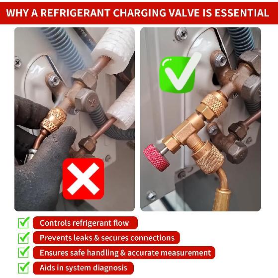 2Pcs Refrigerant Charging Valve Set, 1/4" & 5/16" Safety Adapter Flow Control Ball Valve, Brass Low Loss HVAC Fittings for R12 R22 R410 Air
