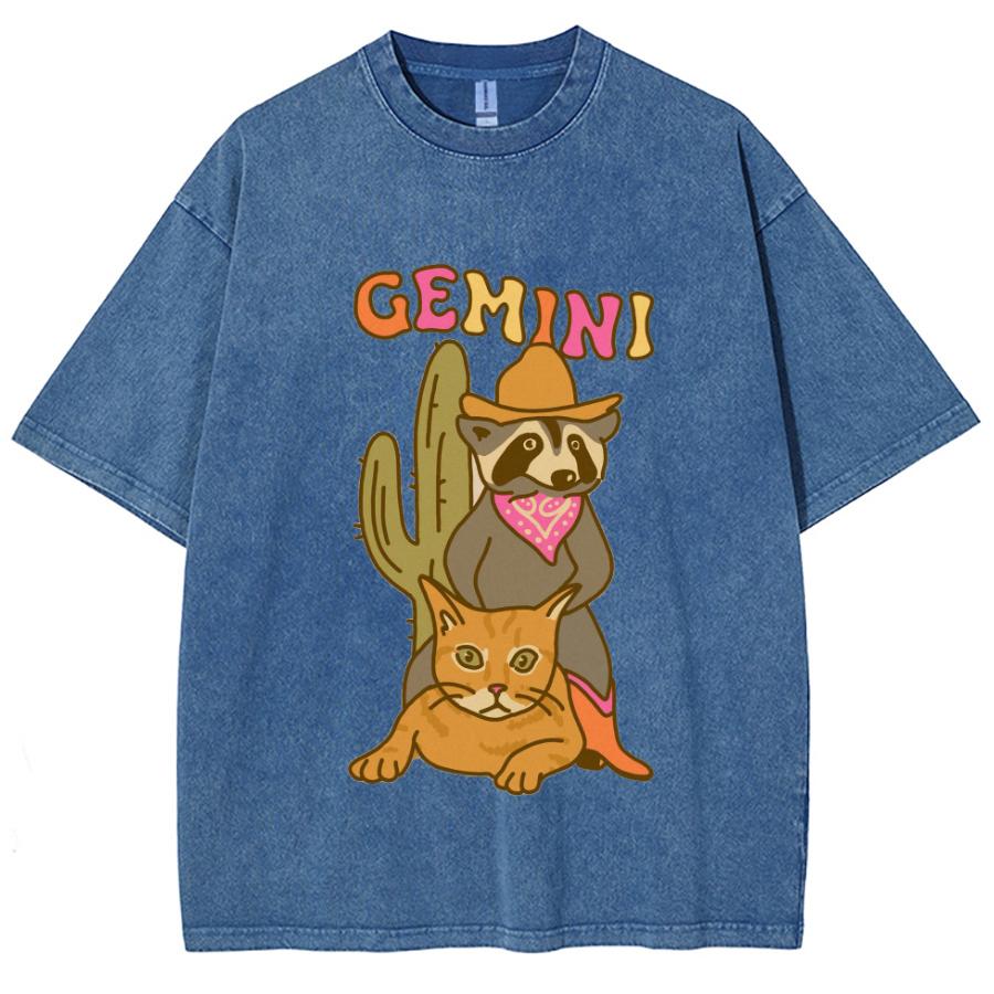 Gemini Cartoon Print Women T-Shirt Washed Denim Oversized Loose Crew Neck Couple Half Sleeve Unisex Cute Retro Style Top