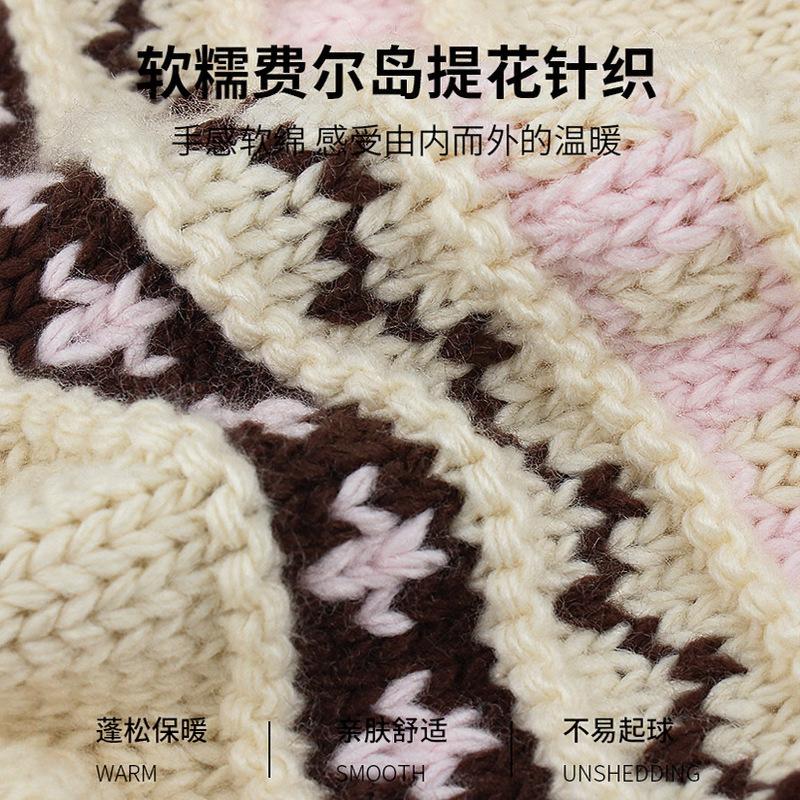 Winter new Fair Island knitted hat fashionable and versatile, warm and cold-proof, small ear protector wool hat for women