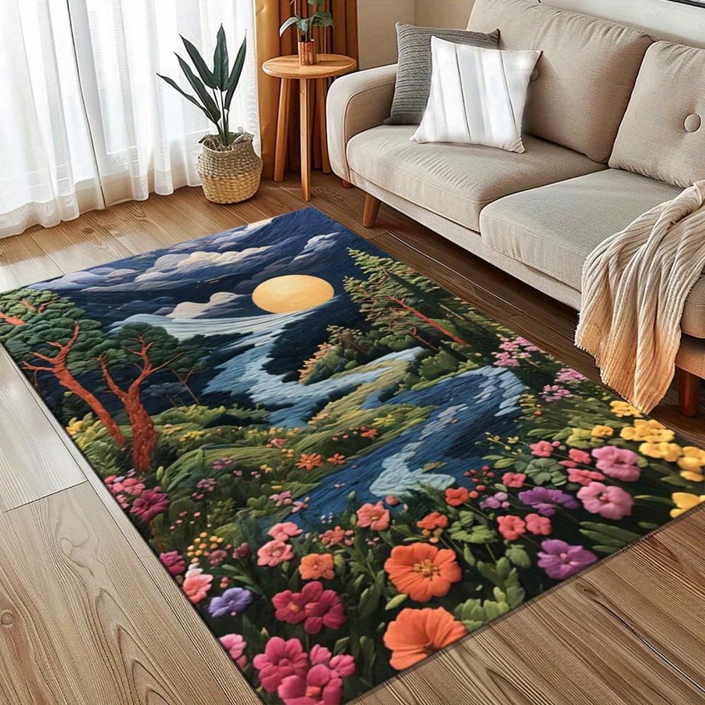 Floral Landscape Polyester Area Rug - Streams & Flowers Design, Antiskid Crystal Velvet Carpet, Comfortable General-Purpose Floo