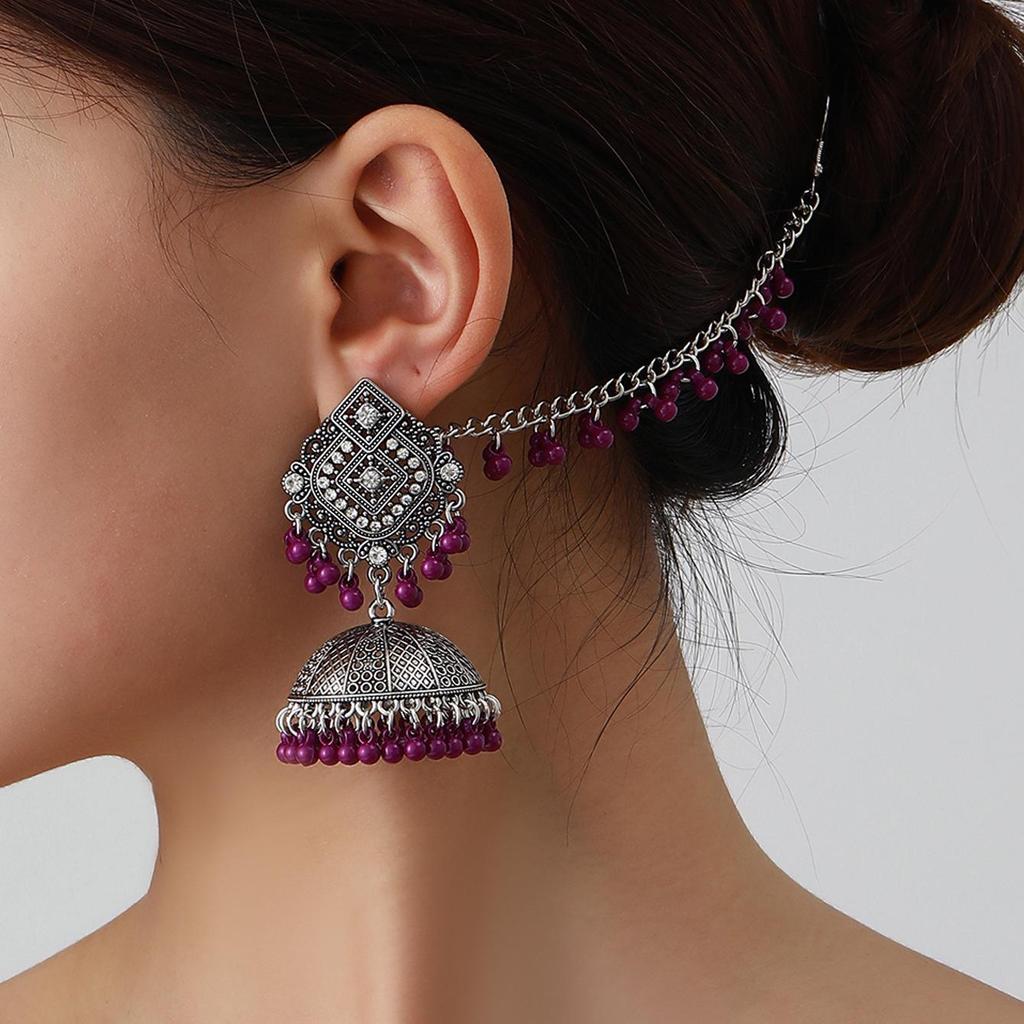 Retro Ethnic Rhinestone Tassel Earrings & Hair Chain Jewelry Set