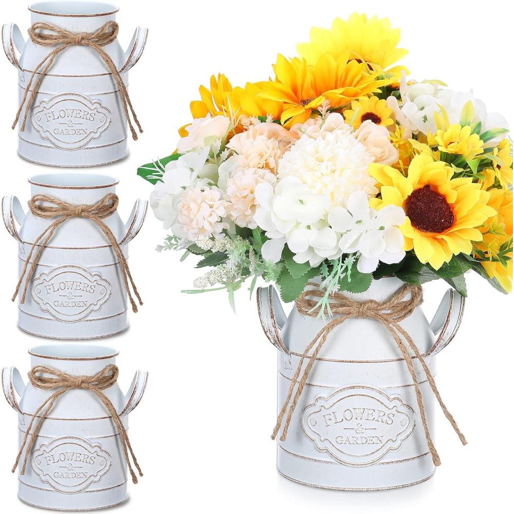 10pcs 6.1 Inch Farmhouse Vase Decor Milk Can Vintage Flower Jug Galvanized Metal Vase with Handle Rustic Flower Buckets 10pcs Retro White