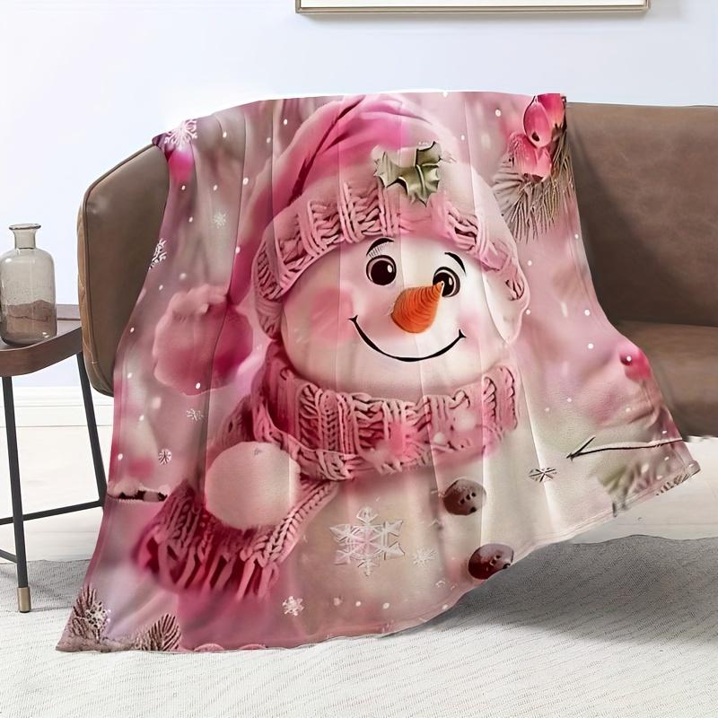 Contemporary Cute Pink Snowman Flannel Throw Blanket - Digital Print All Seasons Multipurpose Super Soft Cozy Blanket